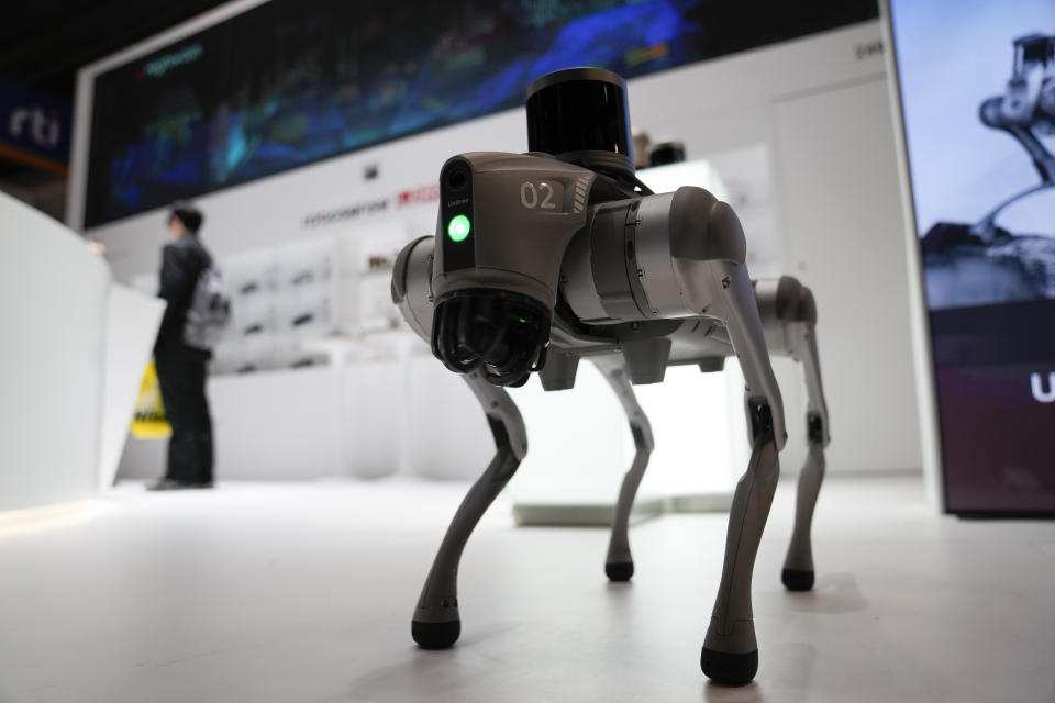 The Unitree B2 robot is displayed during the CES tech show Tuesday, Jan. 9, 2024, in Las Vegas. (AP Photo/Ryan Sun)