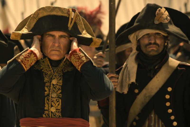 Napoleon Bonaparte (Joaquin Phoenix) blocks out the sounds of battle. Photo courtesy of Sony Pictures