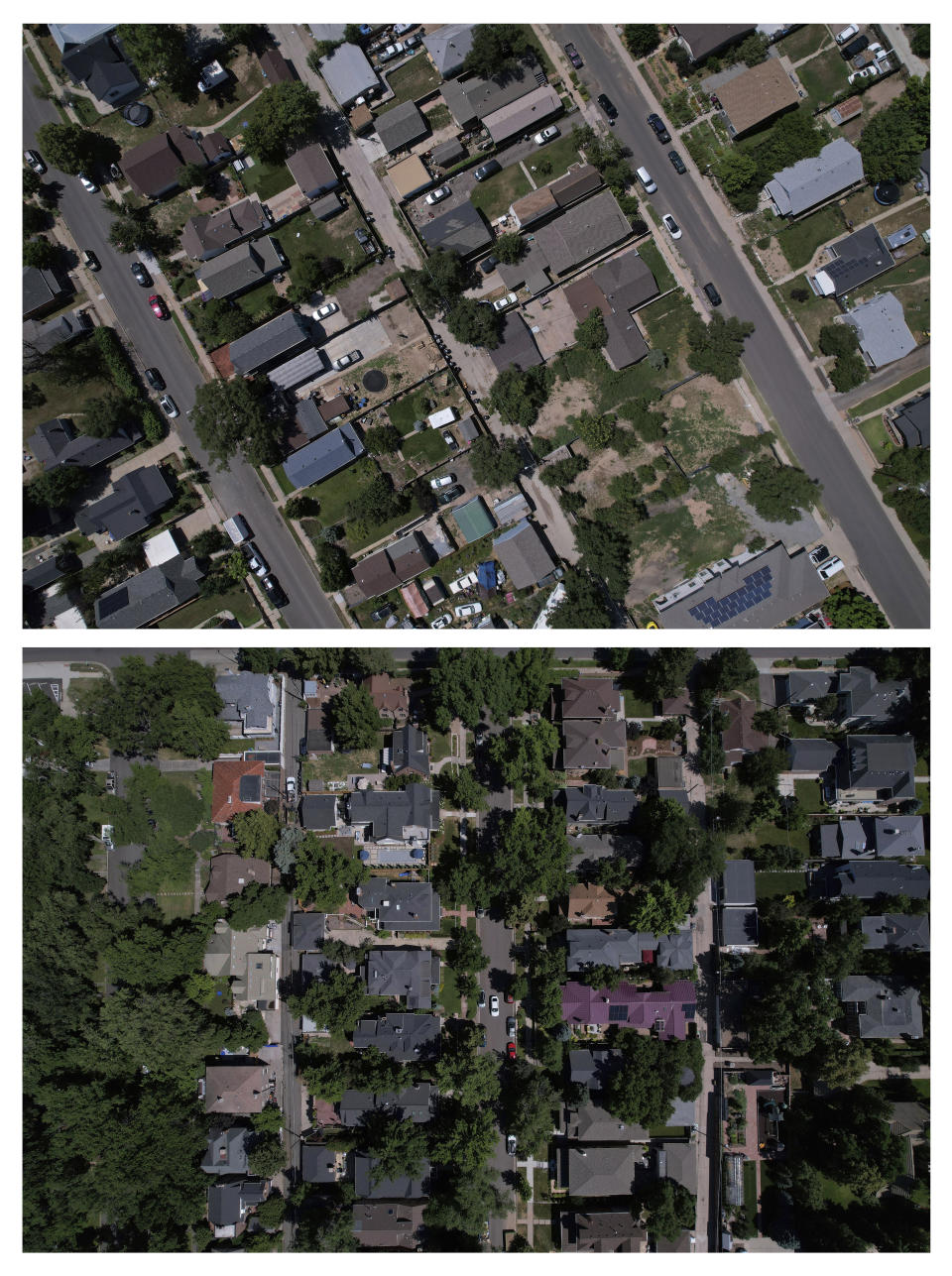 This photo combination of images show the working class neighborhood of Globeville, top, and the Country Club neighborhood in Denver, July 24, 2023. Temperatures are hotter in America's low-income neighborhoods like the Denver suburb of Globeville, where many residents are low-income and people of color living in stretches of concrete that hold heat like a cast-iron skillet. Comparatively, in wealthy neighborhoods such as Country Club, mansions pocket a sea of vegetation which cools the area. (AP Photo/Brittany Peterson)