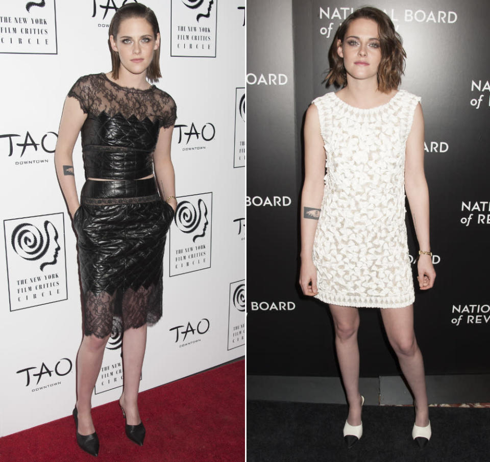 Schwarz wie Weiß: Kristen Stewarts Start ins Modejahr ist ebenfalls eine ziemliche Enttäuschung. Die New York Film Critics Circle Awards  besuchte die ehemalige Stilgöttin in einem schlecht sitzenden Lack-Ensemble von Chanel, zur National Board of Review Gala, ebenfalls in New York,  erschien sie in einem formlosen Kartoffelsack des Labels in Weiß. (5. Januar 2016, Bilder: WENN)