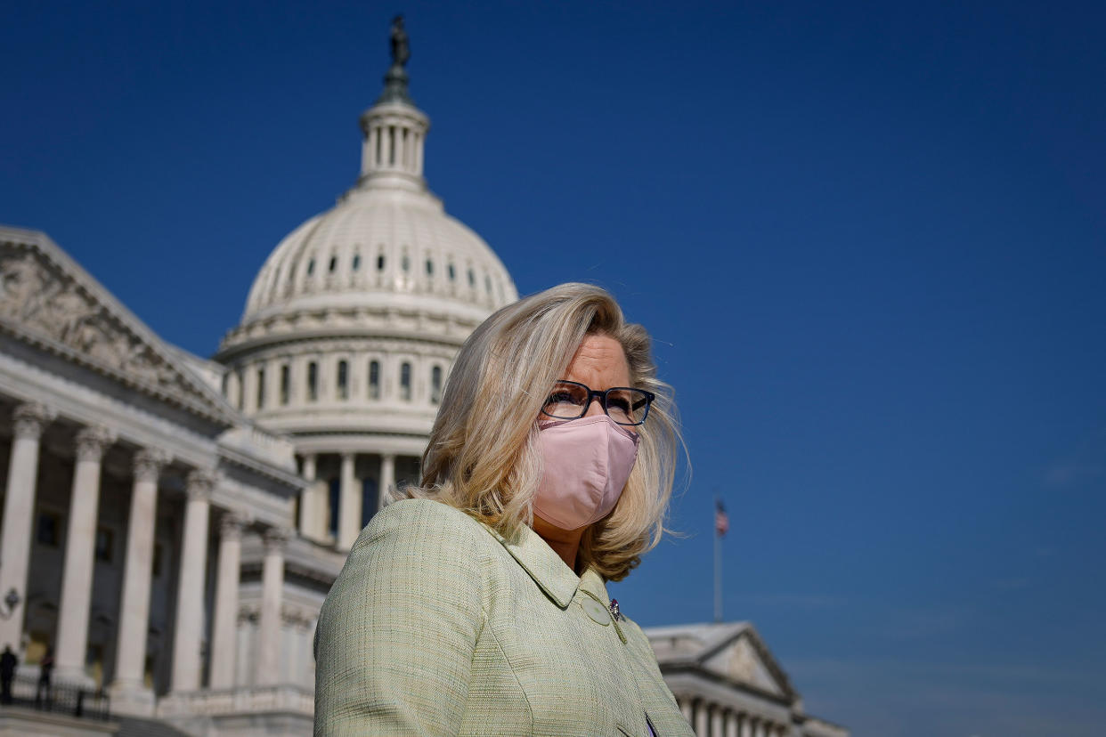 House Republican Conference Chair Rep. Liz Cheney departs a news conference with House Republicans on March 11, 2021 in Washington.