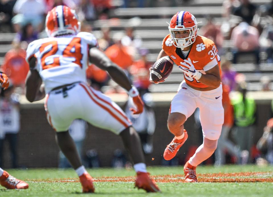 Clemson linebacker Jamal Anderson (32) returns an interception during the first quarter of the Spring football game in Clemson, S.C. Saturday, April 6, 2024.