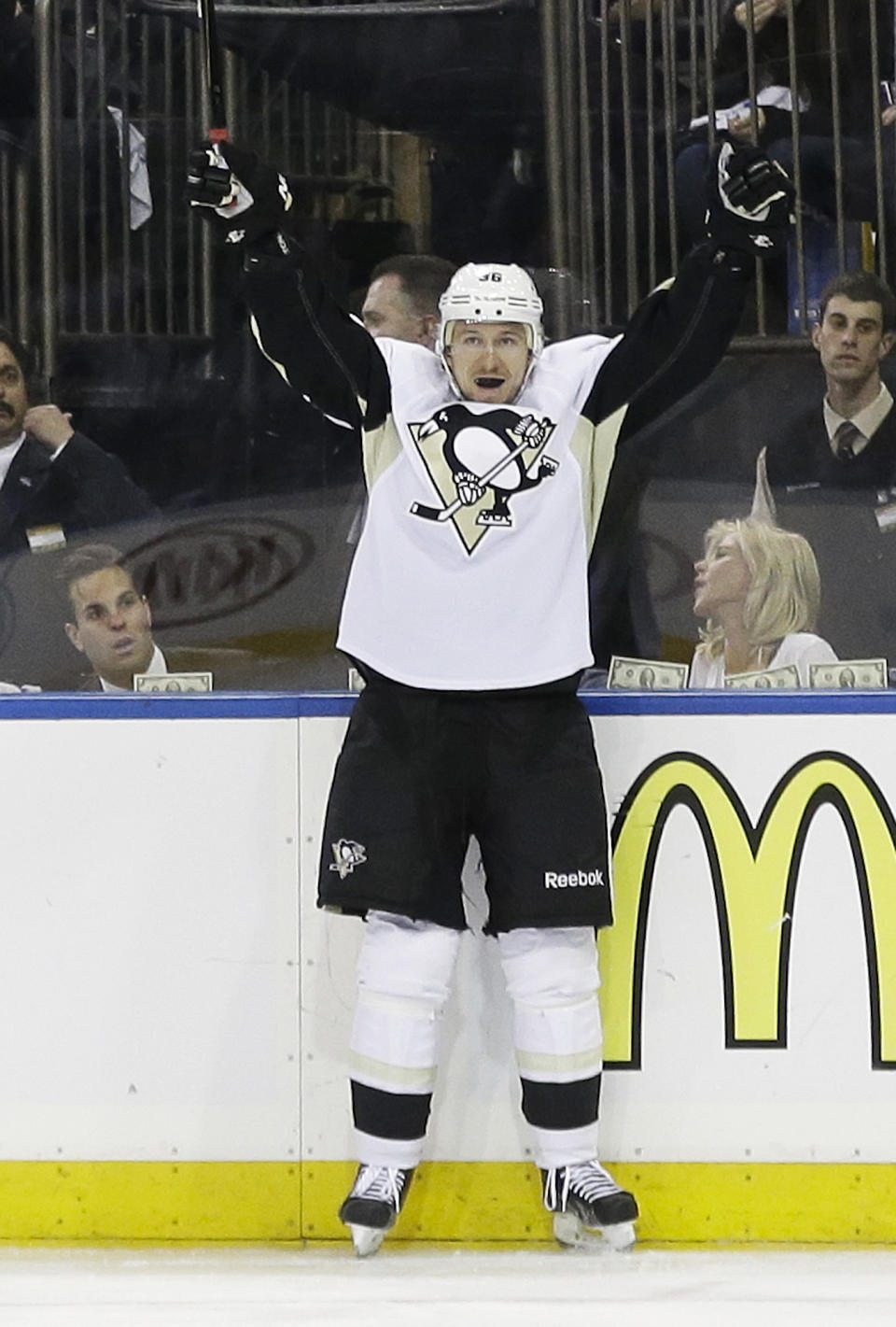 Pittsburgh Penguins' Jussi Jokinen (36), of Finland, celebrates after scoring a goal during the third period of a second-round NHL Stanley Cup hockey playoff series against the New York Rangers, Wednesday, May 7, 2014, in New York. The Penguins won 4-2. (AP Photo/Frank Franklin II)
