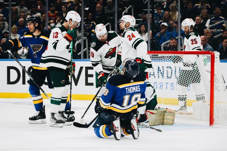 Robert Thomas of the St. Louis Blues reacts as a referee blows his whistle in the third period of Game 3 against the Minnesota Wild in a first-round NHL Stanley Cup playoff series on Friday at the Enterprise Center in St. Louis.