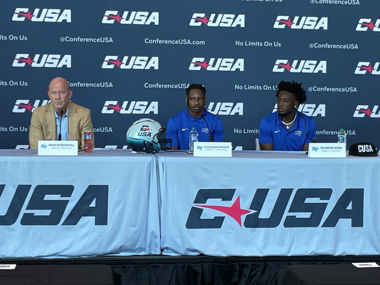 Middle Tennessee State head coach Rick Stockstill (left), wide receiver D.J. England-Chisolm (center) and defensive back Teldrick Ross answer questions during Conference USA Media Day Tuesday.