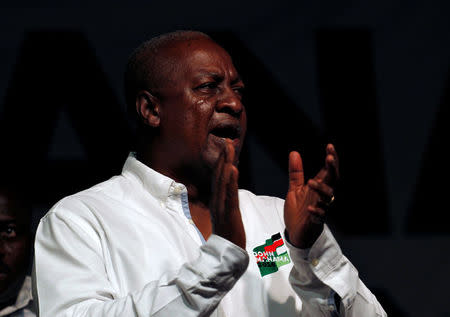 John Dramani Mahama, Ghana's president and National Democratic Congress (NDC) presidential candidate sings during his rally at Accra sport stadium, in Accra, Ghana December 5, 2016. REUTERS/Luc Gnago