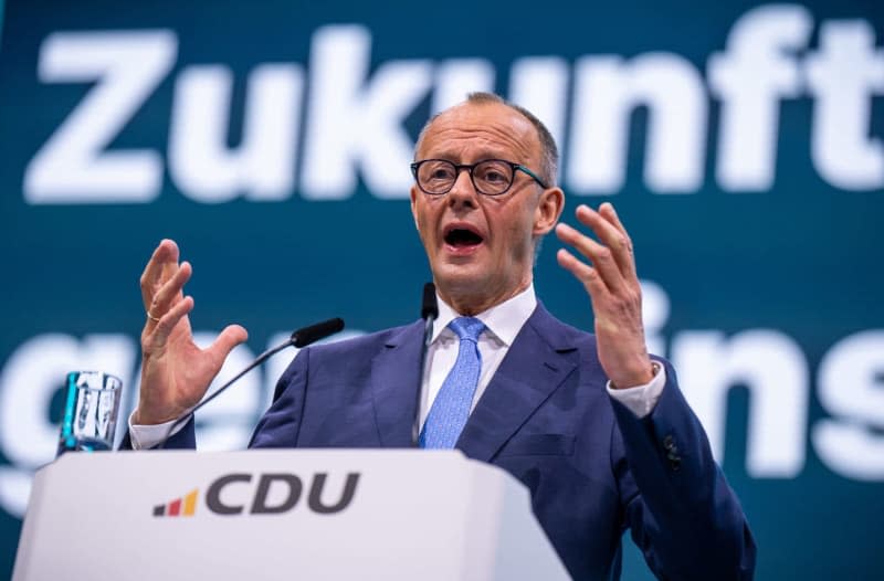 Friedrich Merz, Federal Chairman of the Christian Democratic Union (CDU), speaks during the CDU Federal Party Conference. Michael Kappeler/dpa