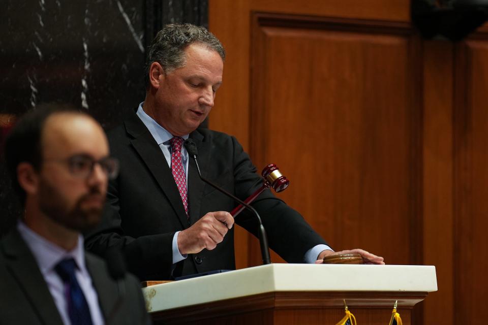 Speaker of the House Todd Huston adjourns a special session Friday, July 29, 2022, at the Indiana Statehouse in Indianapolis. Members of the House voted to pass House Bill 1001. 