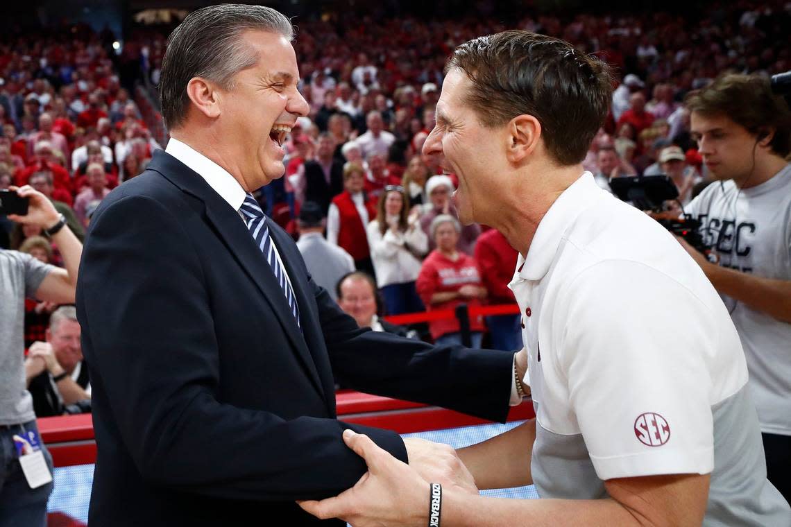 Arkansas Coach Eric Musselman, right, has won the past two times his team has faced Kentucky Coach John Calipari, left, and the Wildcats.