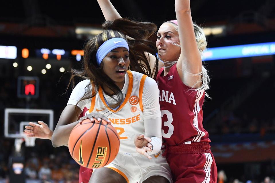 Tennessee forward Rickea Jackson (2) tries to get to the basket while guarded by Indiana guard Sydney Parrish (33) during the NCAA college basketball game on Monday, November 14, 2022 in Knoxville, Tenn.