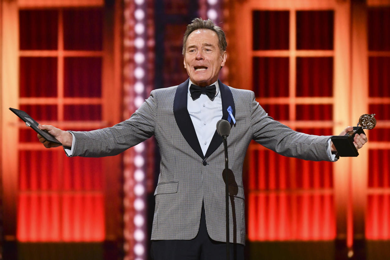 Bryan Cranston accepts the award for best performance by an actor in a leading role in a play for "Network" at the 73rd annual Tony Awards at Radio City Music Hall on Sunday, June 9, 2019, in New York. (Photo by Charles Sykes/Invision/AP)