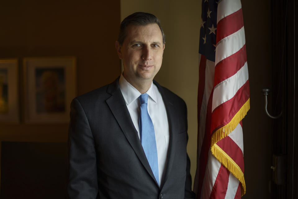 FILE - Rhode Island General Treasurer Seth Magaziner is photographed in his office in Providence, R.I., Feb. 7, 2022. Magaziner had been running for Rhode Island governor but switched races after Rep. Jim Langevin's retirement announcement to try to keep the seat in Democratic control. New Hampshire, Delaware and Rhode Island will hold their primaries on Tuesday, Sept. 13. (AP Photo/David Goldman, File)