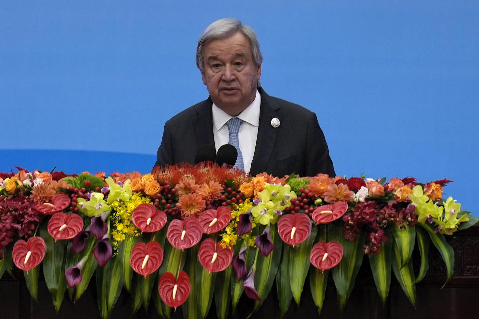 U.N. Secretary-General Antonio Guterres delivers a speech on stage during the Belt and Road Forum at the Great Hall of the People in Beijing, Wednesday, Oct. 18, 2023. (AP Photo/Ng Han Guan)