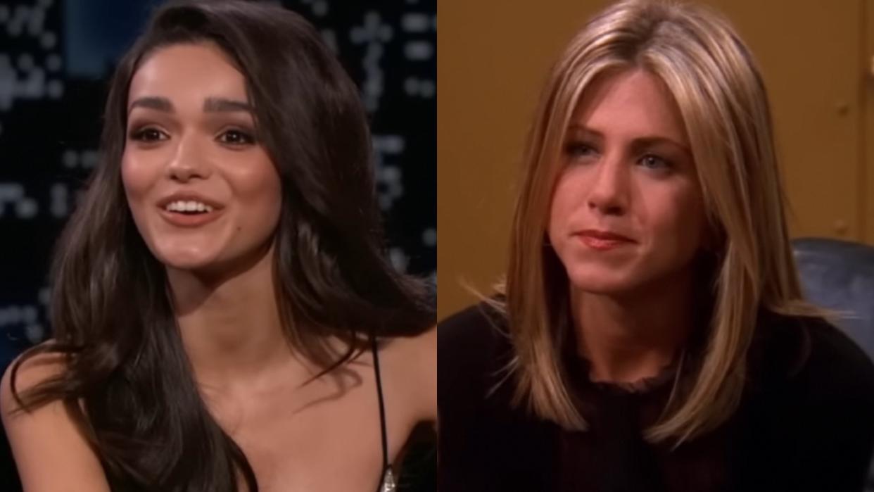  left to right: rachel zegler on jimmy kimmel live!/jennifer aniston as rachel on friends. 