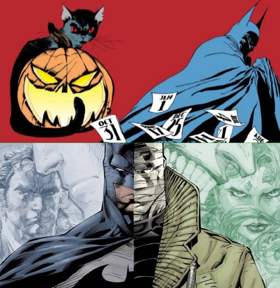 Tim Sale's art from Batman: The Long Halloween, and Jim Lee's art from "Hush," both written by Jeph Loeb. 