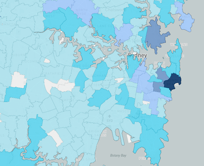 A map shows NSW COVID-19 cases for each postcode area. As at April 6 the Bondi and Bondi Beach area had the most infections in NSW.