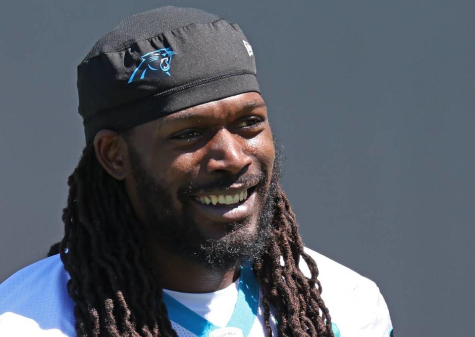 Carolina Panthers outside linebacker Jadeveon Clowney during the team’s voluntary minicamp practice on Tuesday, April 23, 2024.