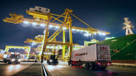 FILE PHOTO: An XPO intermodal box arrives at a port in the U.S. in this 2017 handout photo obtained by Reuters November 1, 2017. XPOLogistics/Handout via REUTERS/File Photo