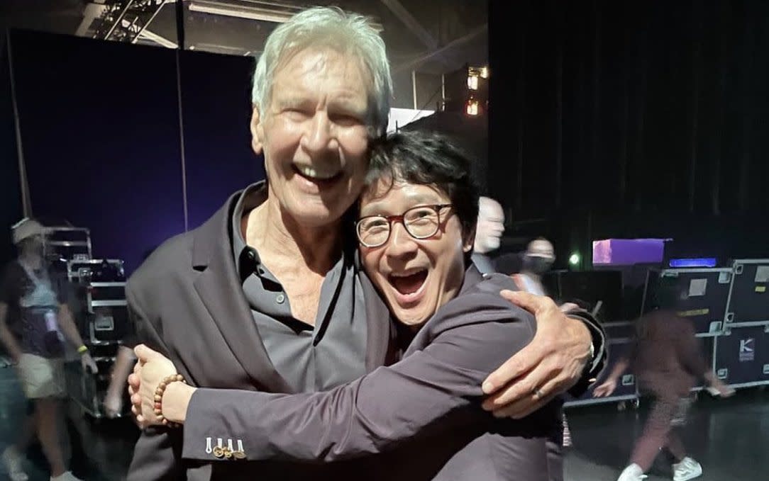 Indiana Jones and the Temple of Doom stars Harrison Ford and Ke Huy Quan reunited at D23 in August. (Photo: Ke Huy Quan/Twitter)