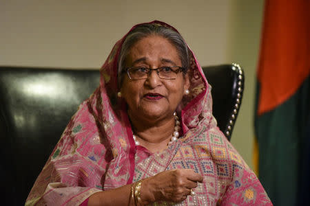 Bangladesh's Prime Minister Sheikh Hasina Wazed speaks with a reporter during the United Nations General Assembly in New York City, U.S. September 18, 2017. REUTERS/Stephanie Keith