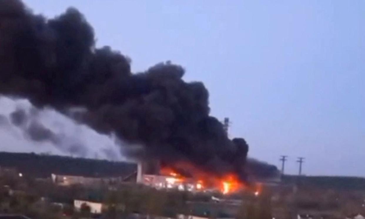 <span>Attacks on the Trypilska power plant, which was the biggest energy supplier for Kyiv, destroyed its transformer, turbines and generators.</span><span>Photograph: Video Obtained By Reuters/Reuters</span>