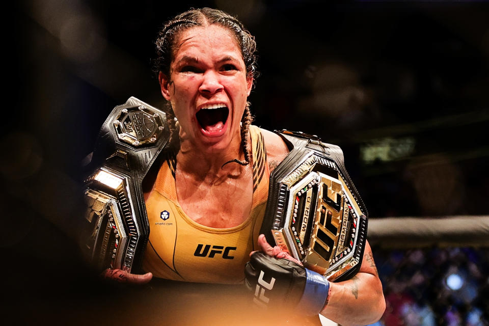 DALLAS, TX - JULY 30: Amanda Nunes of Brazil celebrates after defeating Juliana Pena in her bantamweight bout during UFC 277 at the American Airlines Center on July 30, 2022 in Dallas, Texas.  Amanda Nunes won by unanimous decision.  (Photo by Carmen Mandato/Getty Images)