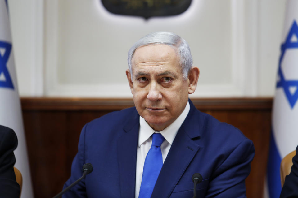 Israel's Prime Minister Benjamin Netanyahu attends the weekly cabinet meeting in Jerusalem, Sunday, July 14, 2019. (Ronen Zvulun/Pool Photo via AP)