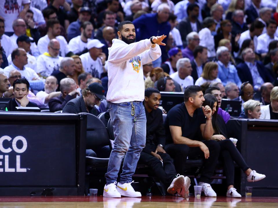 Singer Drake reacts is pictured at the second round of the 2019 NBA Playoffs between the Philadelphia 76ers and the Toronto Raptors at Scotiabank Arena on May 7, 2019 in Toronto, Canada. Toronto ended up standing on business and winning the series and the NBA championship.