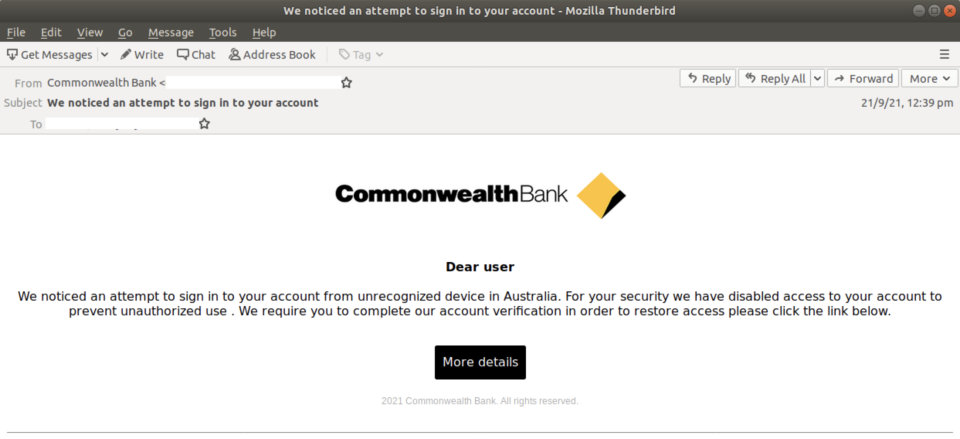 Screenshot of fake security alert email spoofing Commonwealth Bank