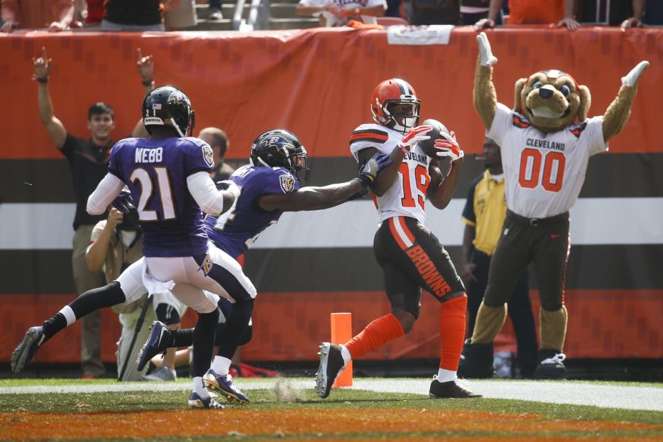 <p>Cleveland Browns wide receiver Corey Coleman (19) catches a touchdown pass against Baltimore Ravens cornerback Shareece Wright, center, and free safety Lardarius Webb (21) in the first half of an NFL football game, Sunday, Sept. 18, 2016, in Cleveland. (AP Photo/Ron Schwane) </p>