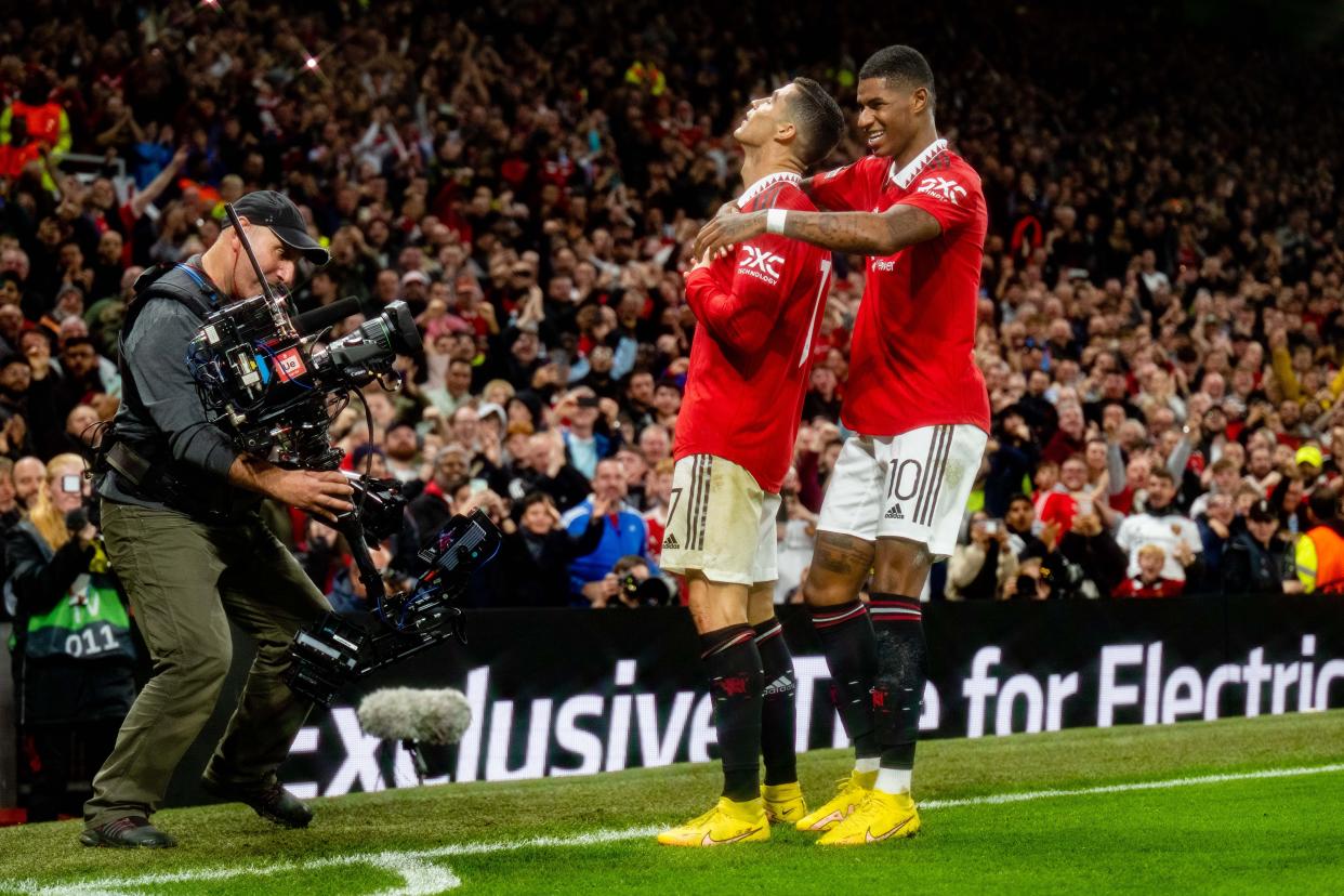 Cristiano Ronaldo of Manchester United celebrates scoring a goal to make the score 3-0 during the UEFA Europa League group E match between Manchester United and Sheriff Tiraspol at Old Trafford.