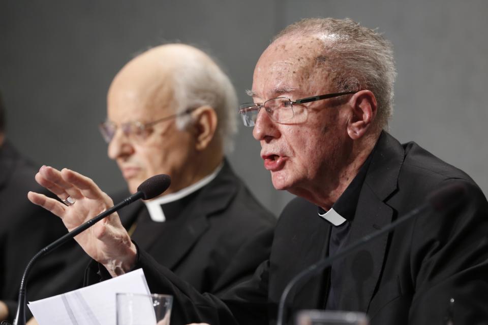 Cardinal Lorenzo Baldisseri, Secretary General of the Synod of Bishops, speaks during a press conference announcing a Synod of Bishops for the Pan-Amazon region, at the Vatican, Thursday, Oct. 3, 2019. The meeting, which opens on Oct. 6, will discuss social and environmental problems faced by the inhabitants of the Amazon, including the increasing rate of deforestation in the region. (AP Photo/Domenico Stinellis)