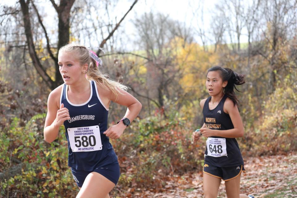 Camryn Kiser, a senior from Chambersburg, leads the PIAA Girls' Class 3A cross country race at Hershey Parkview course on Saturday, Nov. 5, 2022. She placed second to Wren Kuckler, a sophomore from North Allegheny.