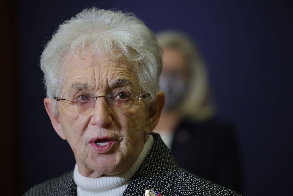 Rep. Virginia Foxx (R-NC) speaks at a press conference following a conference meeting at the U.S. Capitol on March 09, 2021 in Washington, DC.