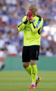 Football Soccer Britain - Leicester City v Manchester United - FA Community Shield - Wembley Stadium - 7/8/16 Leicester City's Kasper Schmeichel reacts Action Images via Reuters / Andrew Couldridge Livepic EDITORIAL USE ONLY. No use with unauthorized audio, video, data, fixture lists, club/league logos or "live" services. Online in-match use limited to 45 images, no video emulation. No use in betting, games or single club/league/player publications. Please contact your account representative for further details.