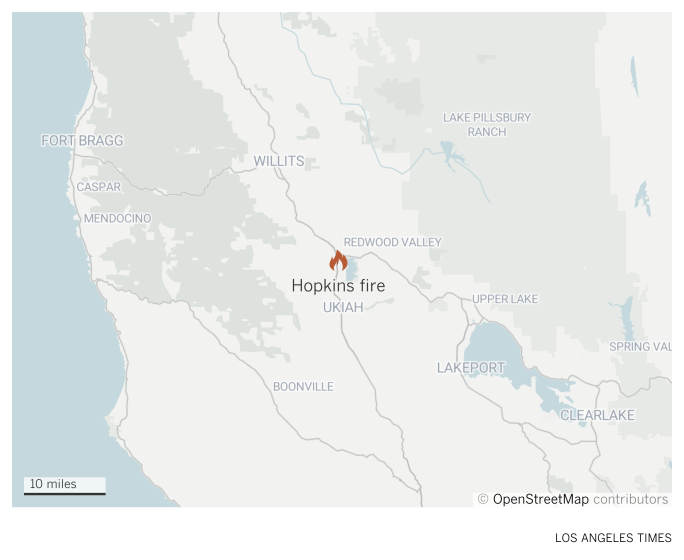 A map of Mendocino County in Northern California showing the location of the Hopkins fire near Lake Mendocino