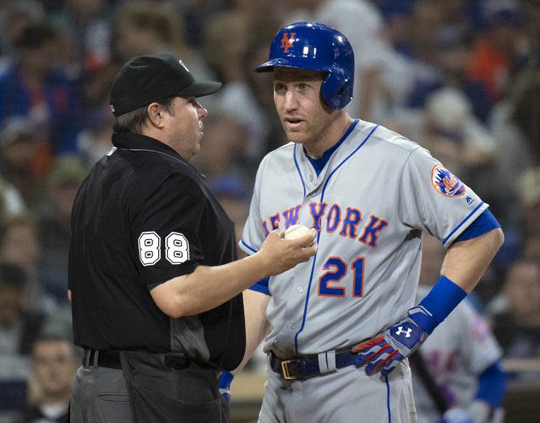 Todd Frazier’s frustration with the umpires boiled over after the Mets loss to the Braves on Wednesday. (AP)
