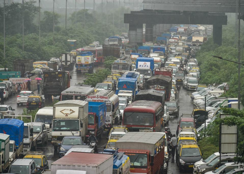 Mumbai: Vehicles stuck in a traffic jam on a waterlogged street followed heavy rain, at Wadala in Mumbai, Wednesday, Sept. 23, 2020. (PTI Photo/Mitesh Bhuvad)(PTI23-09-2020_000094A)