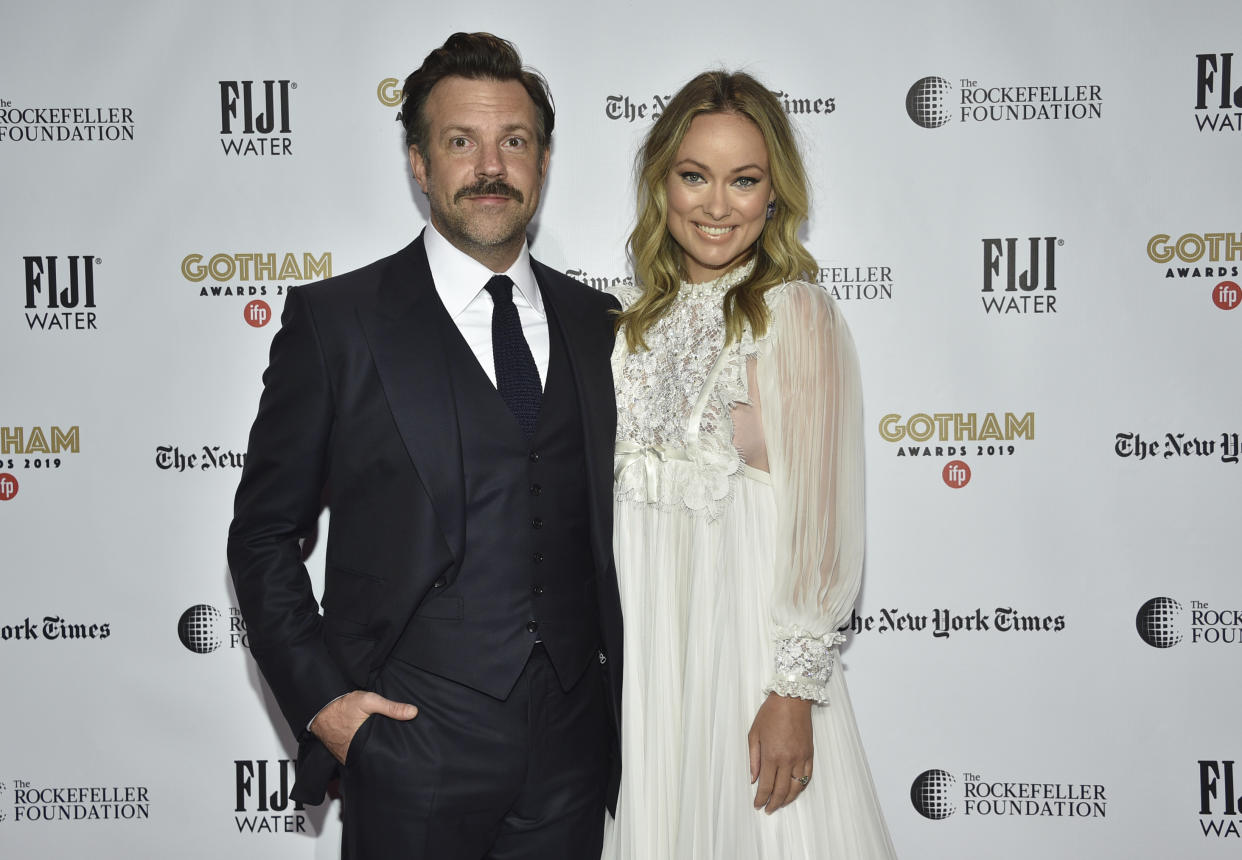 Jason Sudeikis, left, and Olivia Wilde attend the Independent Filmmaker Project's 29th annual IFP Gotham Awards at Cipriani Wall Street on Monday Dec. 2, 2019, in New York. (Photo by Evan Agostini/Invision/AP)