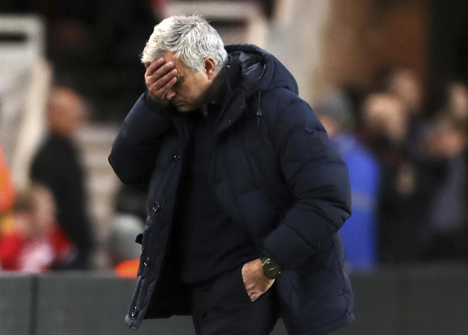 Tottenham Hotspur manager Jose Mourinho reacts during the game against Middlesbrough, during their English FA Cup third round match at the Riverside Stadium in Middlesbrough, England, Sunday Jan. 5, 2020. (Owen Humphreys/PA via AP)