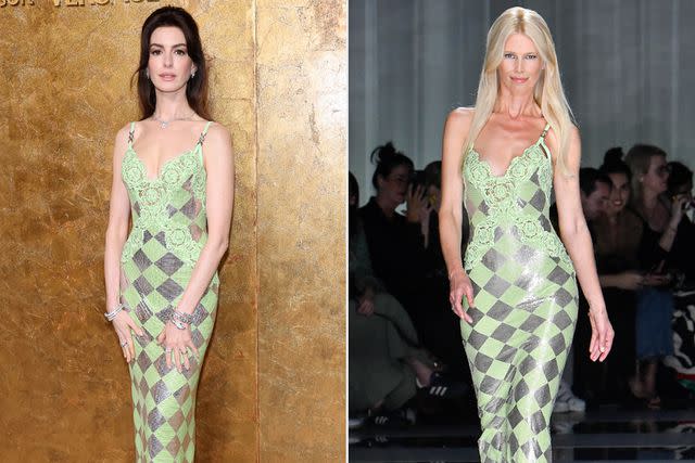 <p>Cindy Ord/Getty; Victor VIRGILE/Gamma-Rapho via Getty</p> Anne Hathaway attends The 2023 Albies in the same dress Claudia Schiffer modeled down the Versace runway