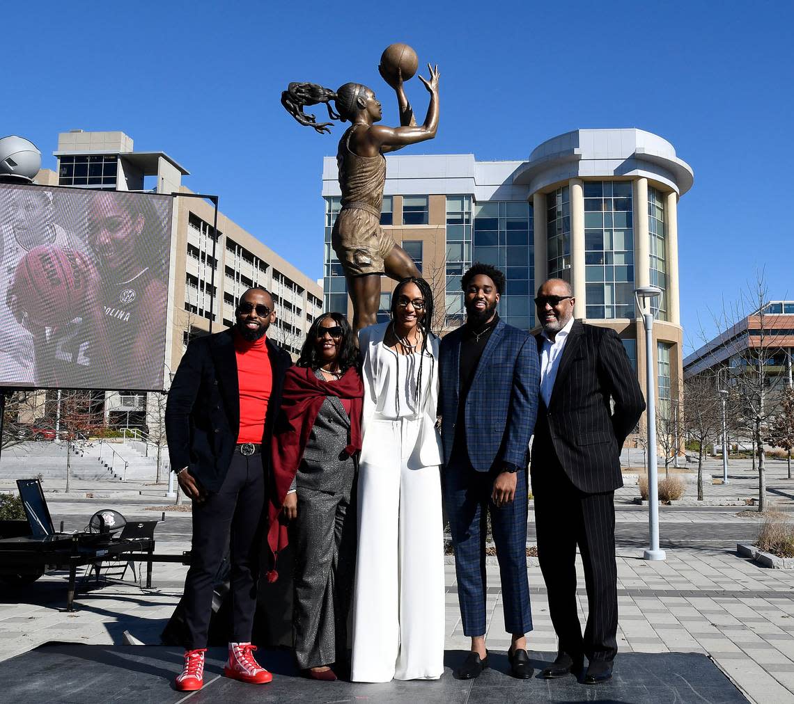 The statue for South Carolina basketball great A’ja Wilson was publicly unveiled in 2021 in a ceremony outside of Colonial Life Arena. Here, Wilson is pictured with her family.