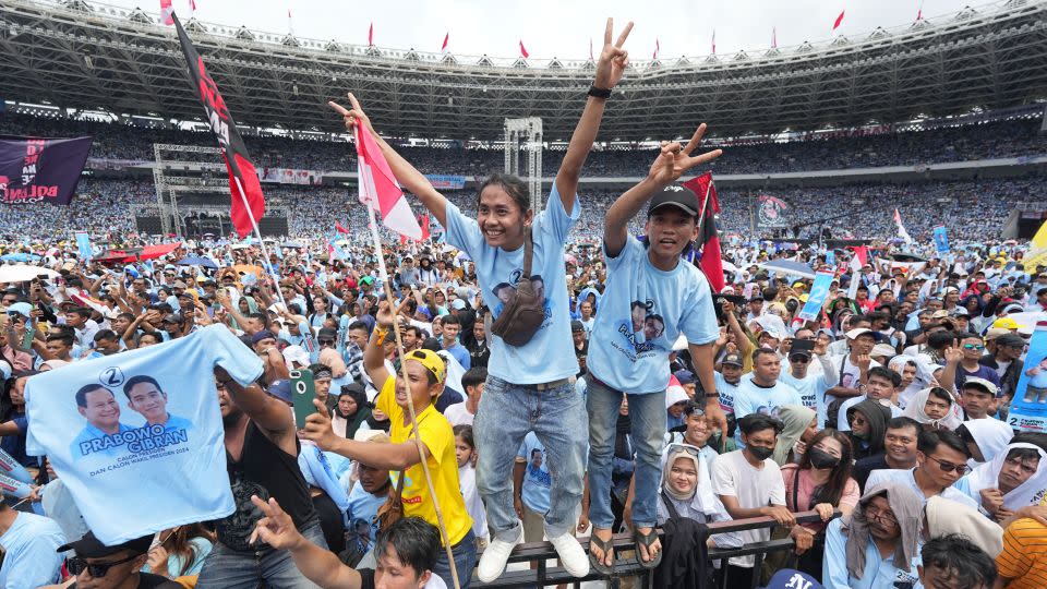 Prabowo supporters at a campaign rally in Jakarta on February 10. - Dimas Ardian/Bloomberg/Getty Images