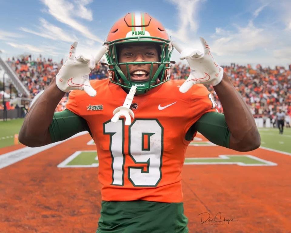 Florida A&M University wide receiver Xavier Smith celebrates a touchdown in homecoming game against Arkansas-Pine Bluff with ‘H’ hand sign to signify Haines City, Florida at Bragg Memorial Stadium, Tallahassee, Florida, Oct. 29, 2022