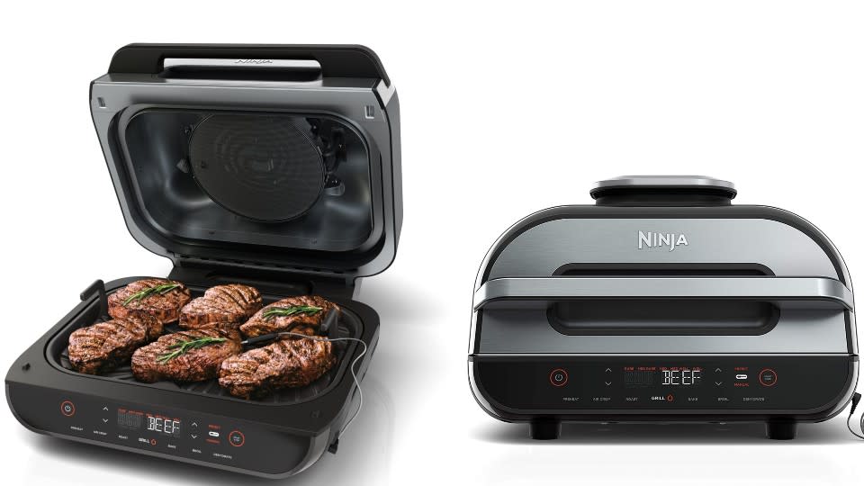 Ninja FG551 Foodi Smart XL 6-in-1 Indoor Grill with six steaks on burner