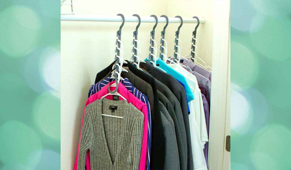 Six Wonder Hangers used to maximize space on a closet rod