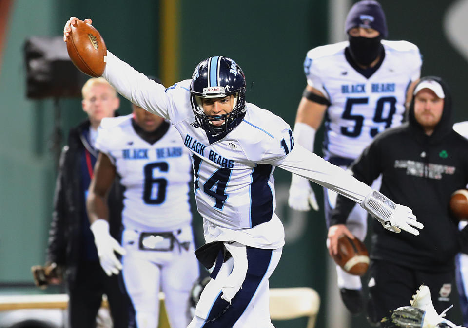 University of Maine's Chris Ferguson scores a second-quarter touchdown during a college football game at Fenway Park in Boston as part of the Fenway Gridiron series on Nov. 11, 2017. (John Tlumacki/Getty Images)