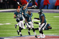<p>Zach Ertz #86 and Alshon Jeffery #17 of the Philadelphia Eagles celebrate defeating the New England Patriots 41-33 in Super Bowl LII at U.S. Bank Stadium on February 4, 2018 in Minneapolis, Minnesota. (Photo by Gregory Shamus/Getty Images) </p>