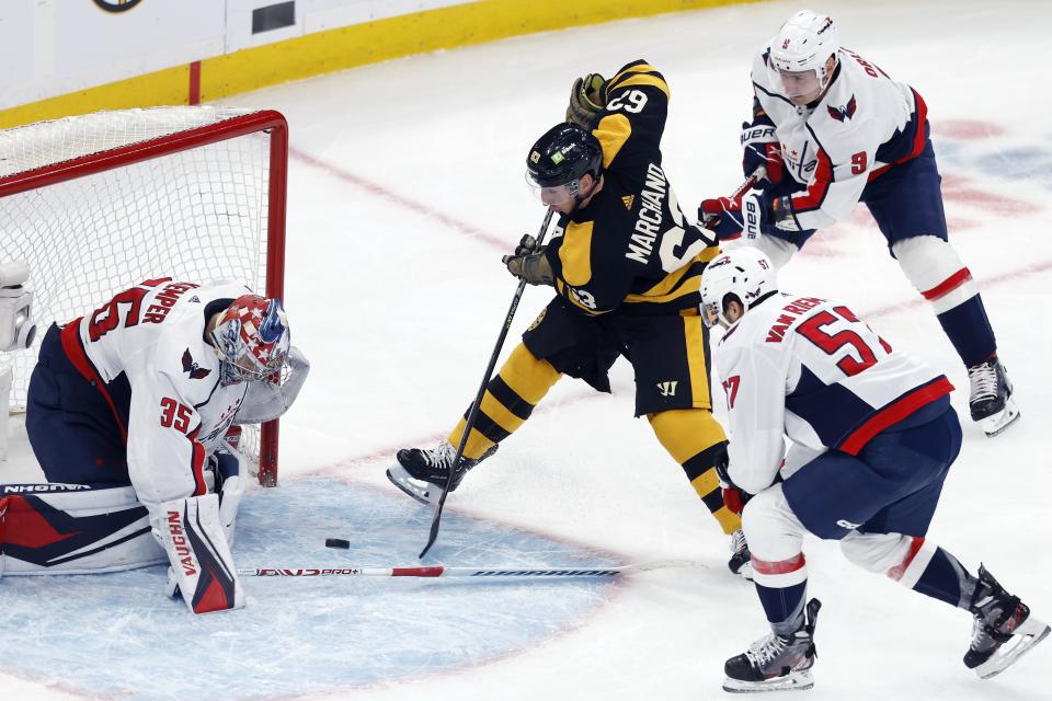 Washington Capitals' Darcy Kuemper (35) blocks a shot by Boston Bruins' Brad Marchand (63) during the second period of an NHL hockey game, Saturday, Feb. 11, 2023, in Boston. (AP Photo/Michael Dwyer)