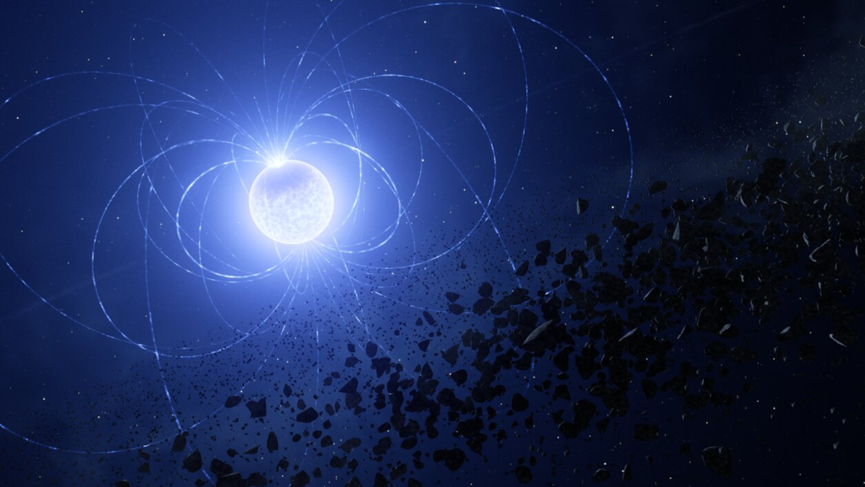  Illustration of the magnetic white dwarf WD 0816-310, where astronomers have found a scar imprinted on the surface as a result of the star ingesting planetary debris. 